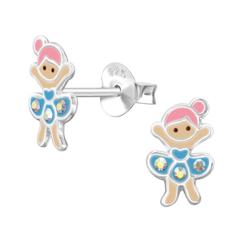 Táncoslány ezüst gyerek fülbevaló, epoxy, fekete, rózsaszín, krém, kék, kristály köves