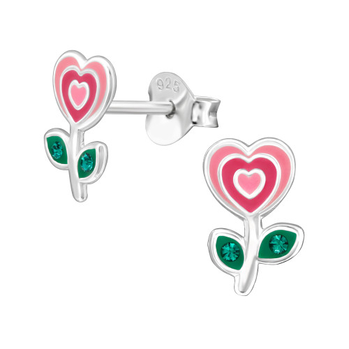 Szív virág ezüst gyerek fülbevaló, epoxy, zöld, rózsaszín, világos , kristály köves