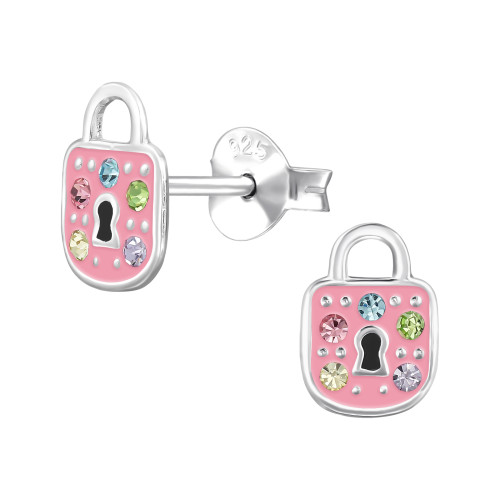 Lakat ezüst gyerek fülbevaló, epoxy, lt.pink, kristály köves