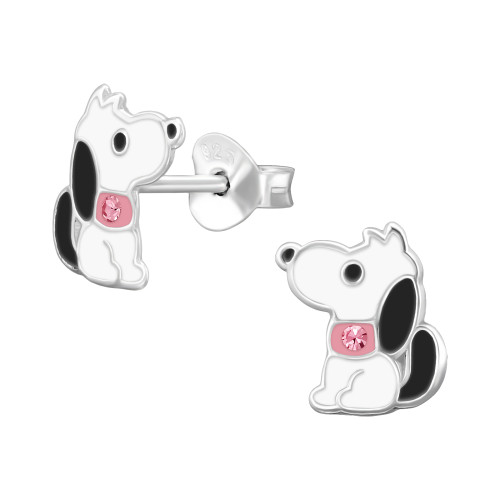 Kutyás ezüst gyerek fülbevaló, epoxy, világos rózsaszín, fekete epoxi, fehér, kristály köves